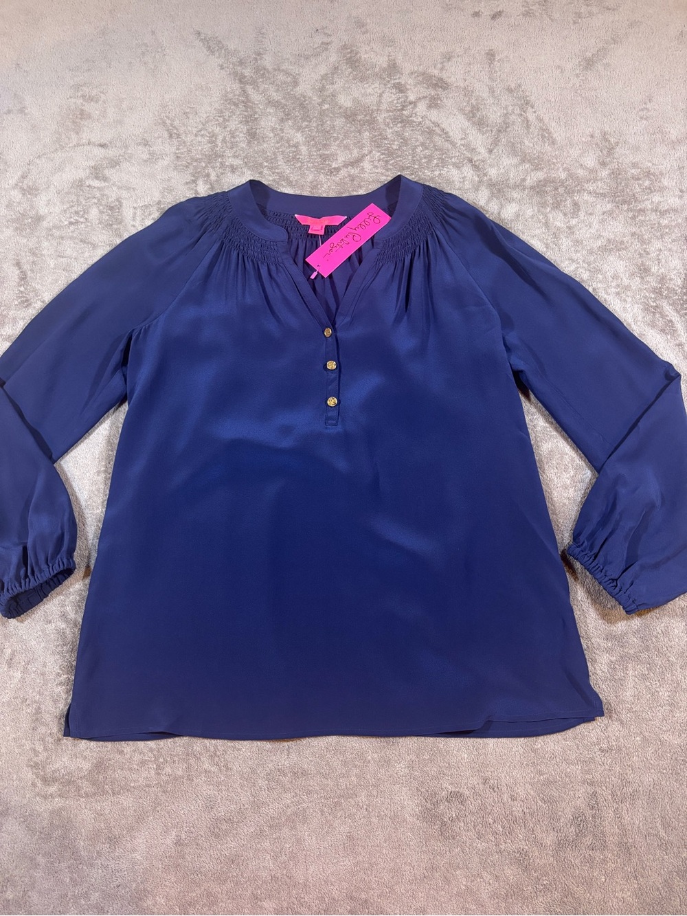 NWT Lilly Pulitzer Elsa Silk Blouse True Navy Gold Buttons LS Womens Small
